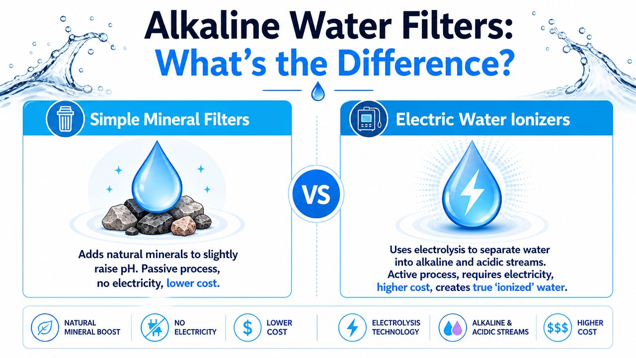 A comparison infographic between simple mineral alkaline water filters and electric water ionizers, highlighting key differences.