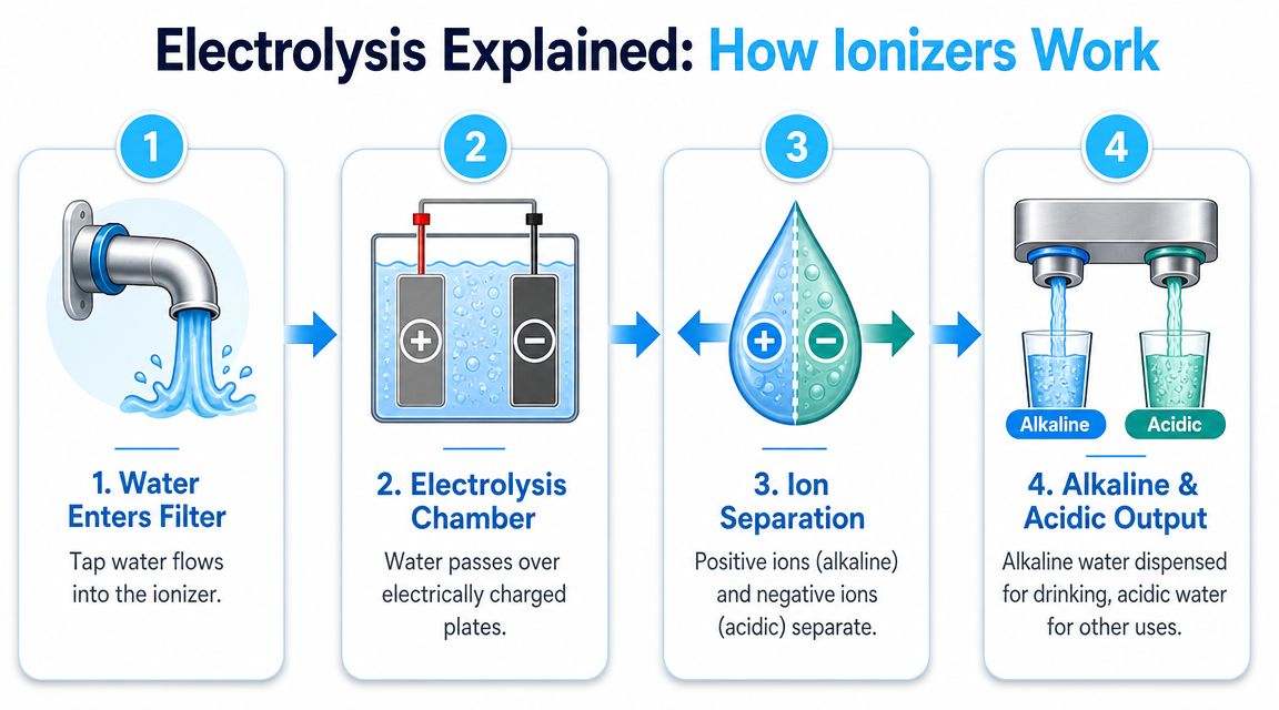 A diagram illustrating the four-step electrolysis process used by water ionizers to create alkaline and acidic water.