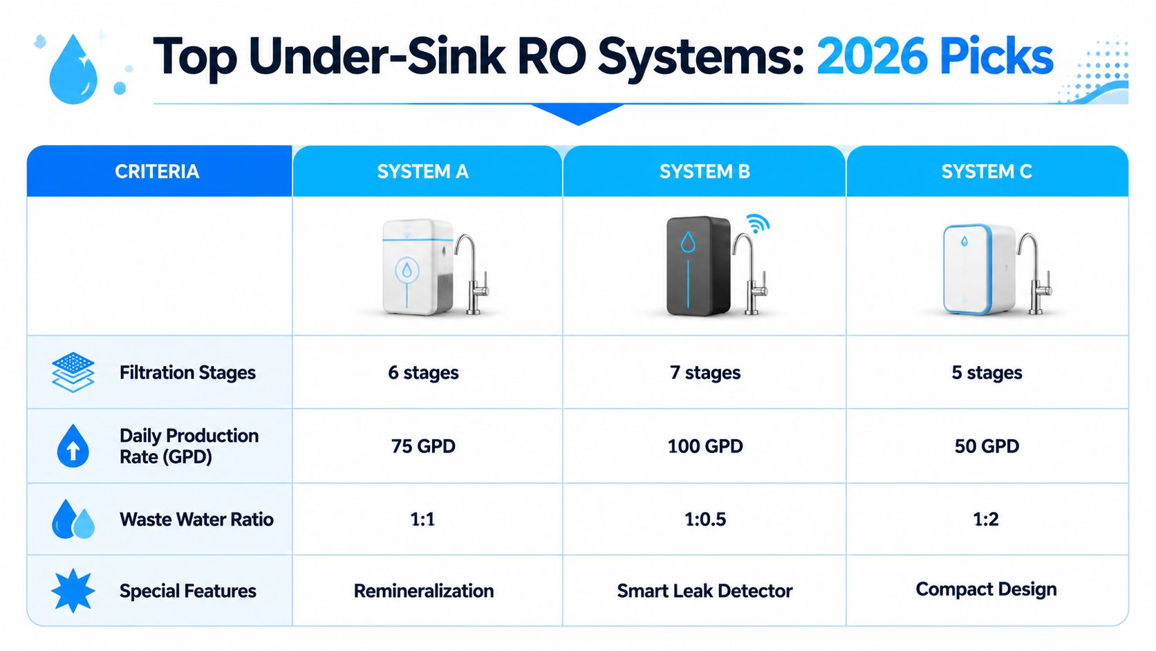 A comparison chart of three under-sink reverse osmosis water filter systems labeled A, B, and C.