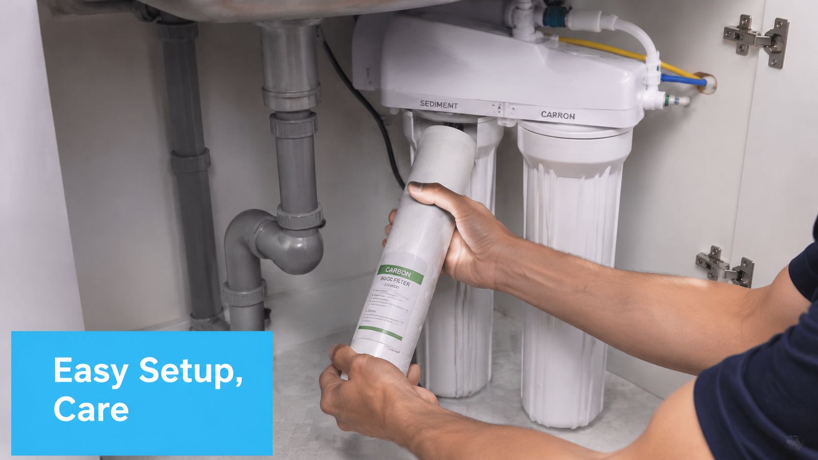 A person installing a carbon replacement filter into an under-sink reverse osmosis water filtration system.