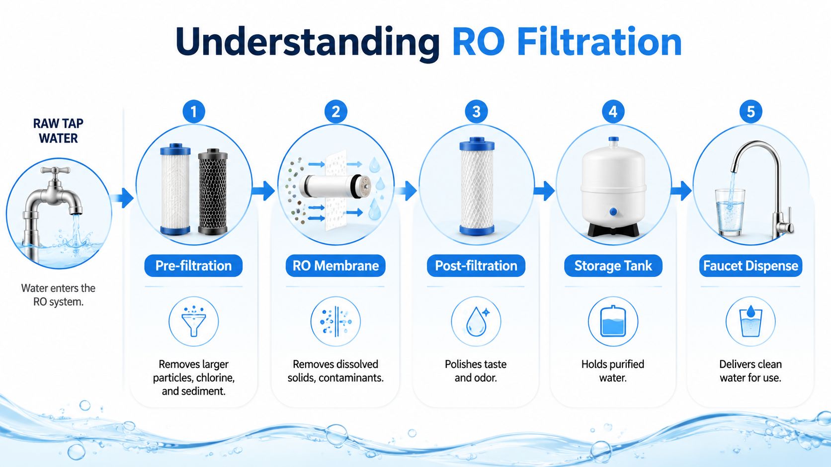 A diagram illustrating the five stages of a reverse osmosis water filtration system for home use.