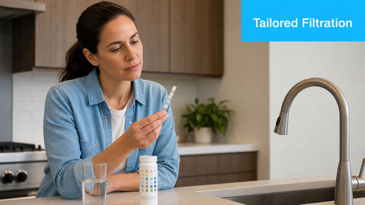 A woman testing tap water quality with a test strip at a modern kitchen sink.