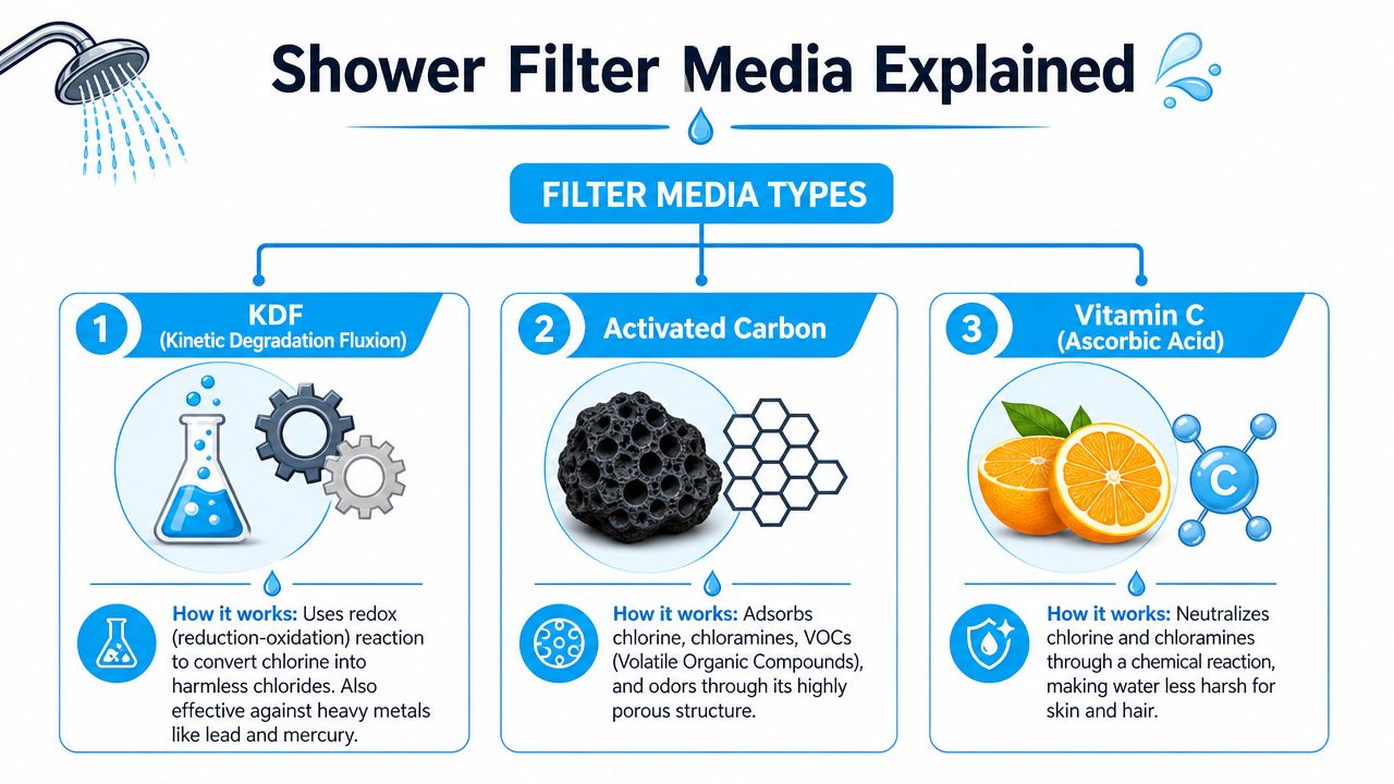 An infographic showing three types of shower filter media: KDF, activated carbon, and vitamin C explained.
