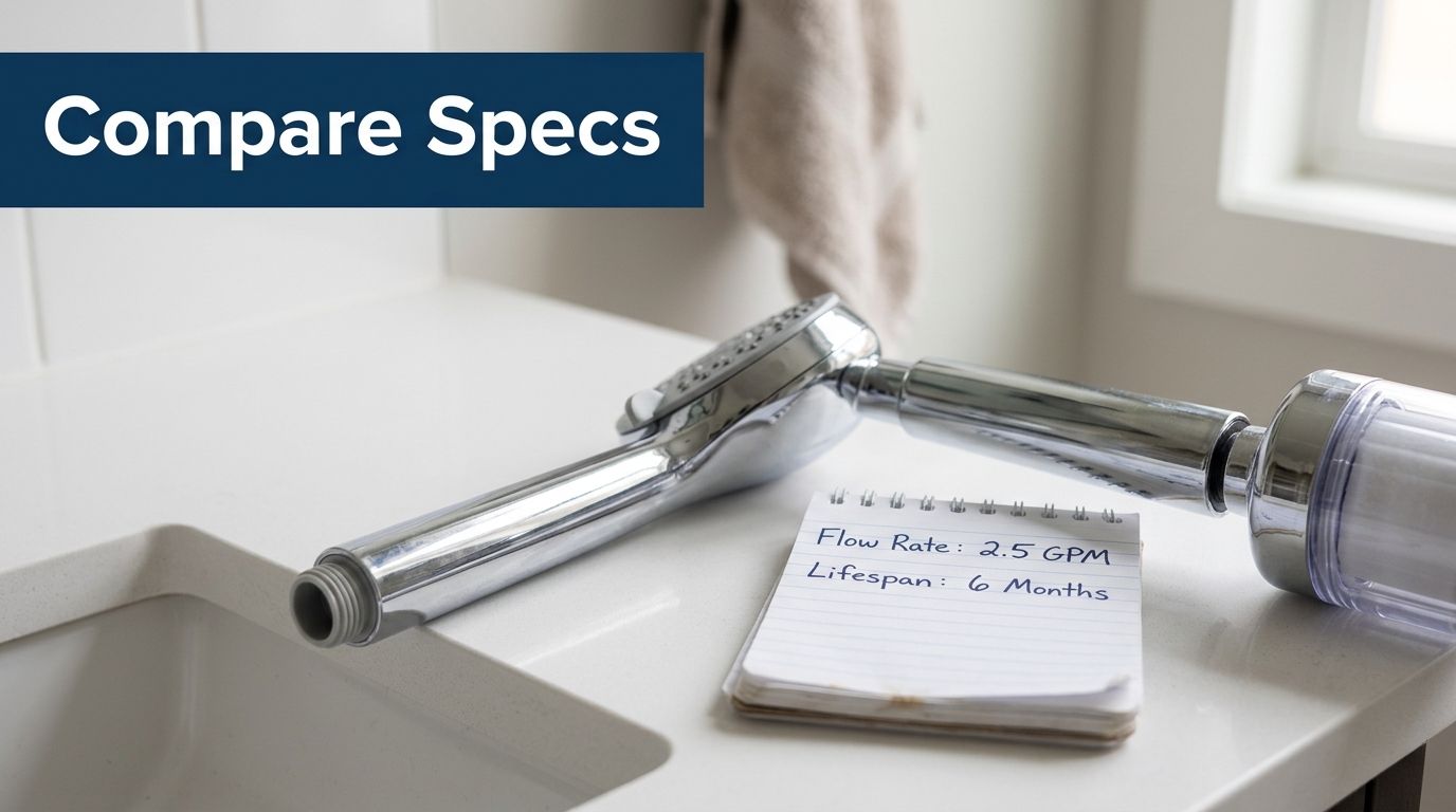 A chrome shower filter head resting on a white bathroom vanity next to a handwritten notepad.