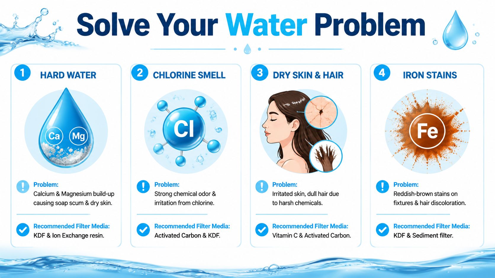 An infographic showing common water problems like hard water, chlorine, dry skin, and iron stains with solutions.