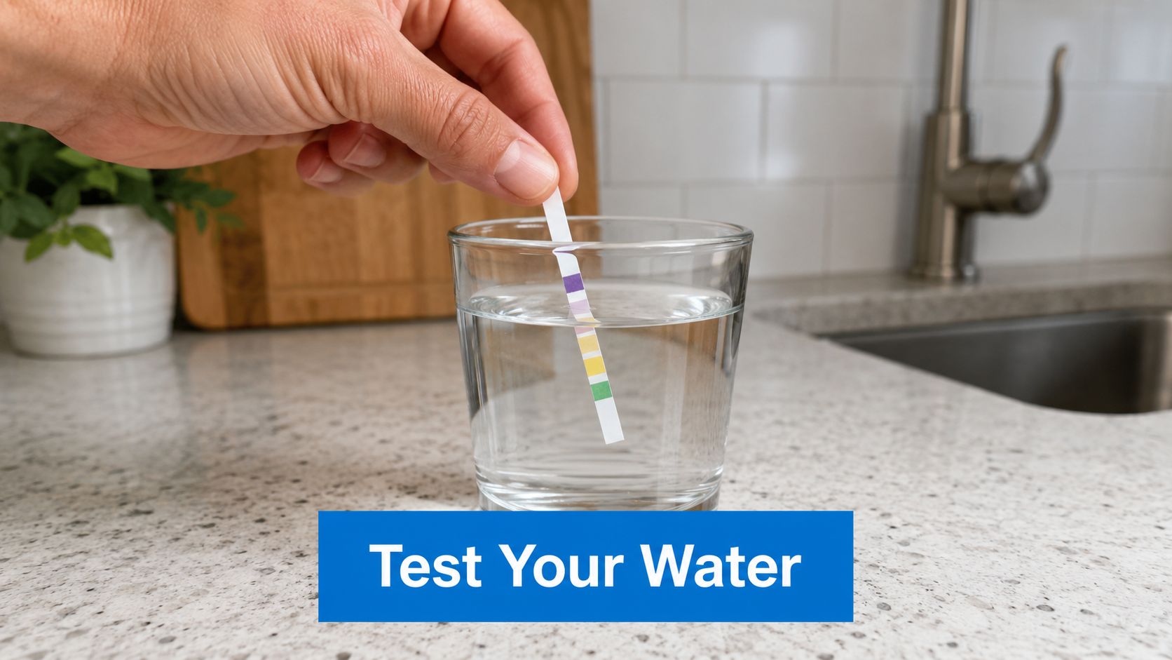 A hand holds a multi-parameter water test strip dipped into a clear glass of tap water.