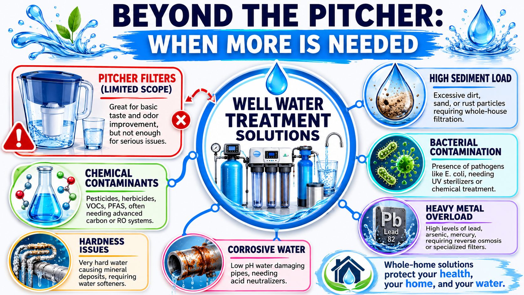 An infographic detailing water contamination issues and the necessity of whole-home well water treatment solutions beyond pitchers.