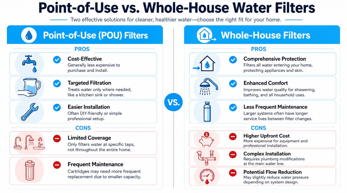 A comparison infographic detailing the pros and cons of point-of-use versus whole-house water filtration systems.