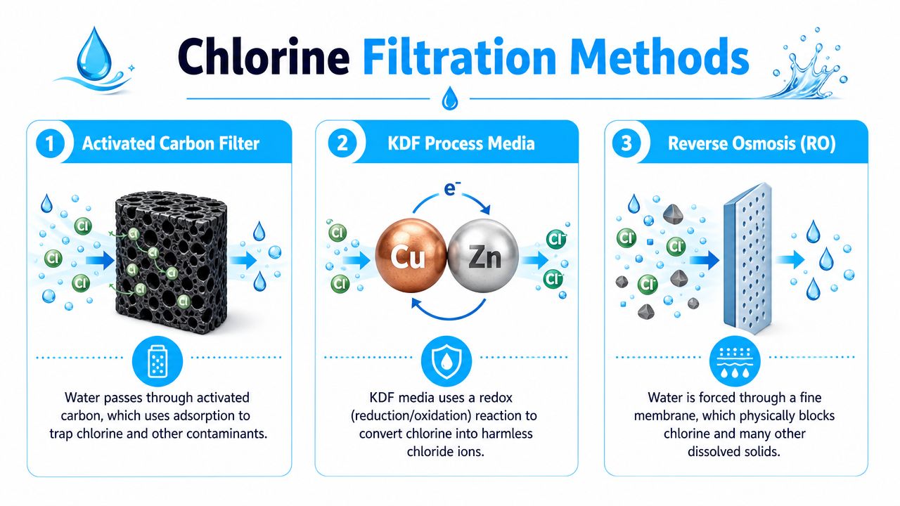 An infographic showing three methods for chlorine water filtration including activated carbon, KDF media, and reverse osmosis.