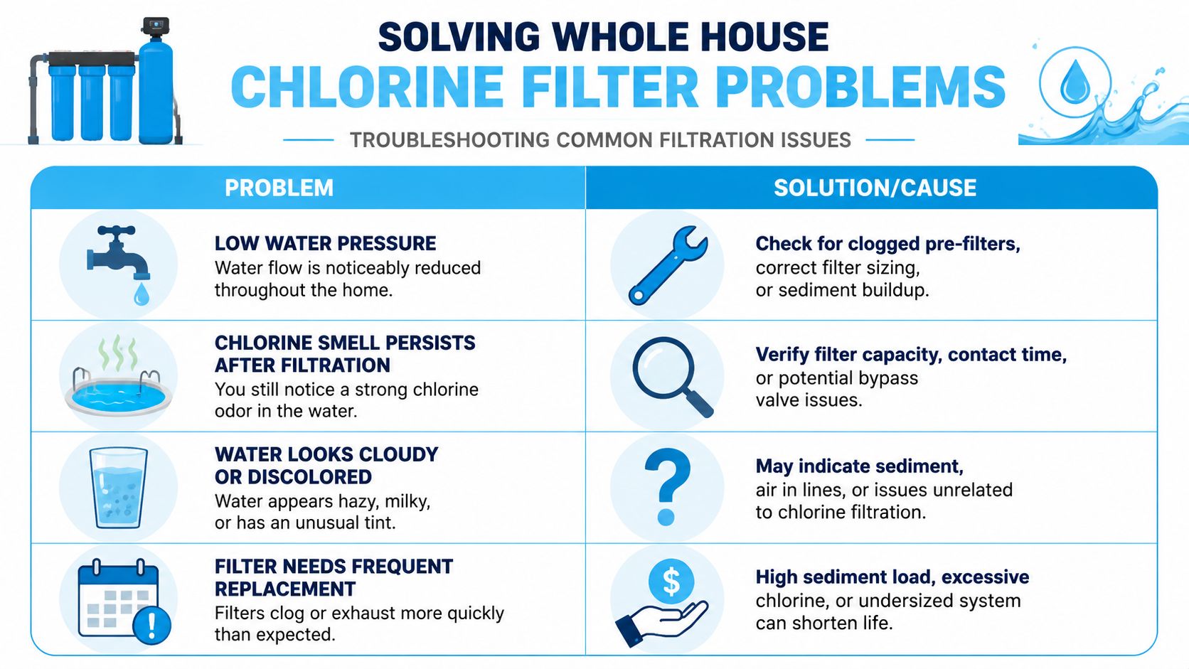 A troubleshooting guide table for whole house chlorine water filter problems, solutions, and causes for common issues.