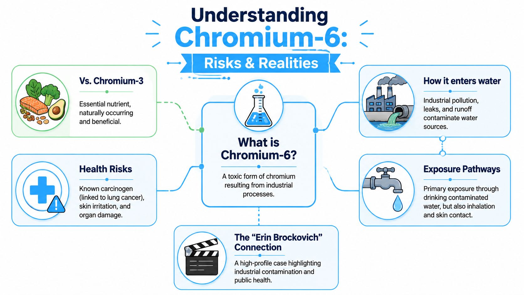 An infographic titled Understanding Chromium-6 explaining its health risks, contamination sources, exposure pathways, and historical connections.