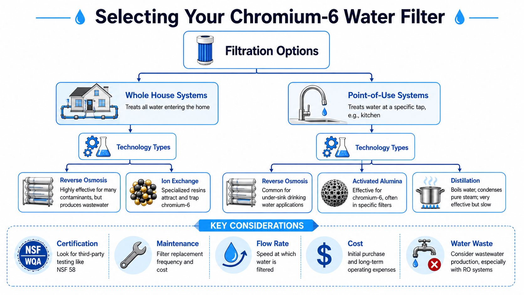 An infographic titled Selecting Your Chromium-6 Water Filter showing filtration system options and key considerations for consumers.