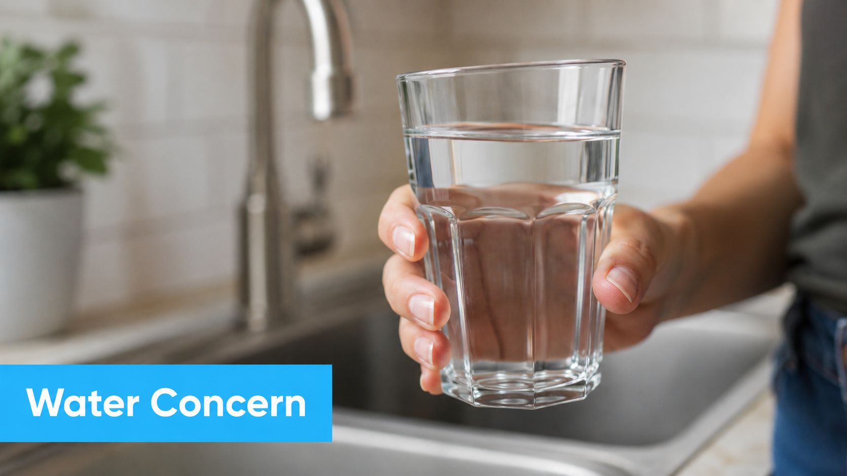 A person holding a clear glass of water in a kitchen near a stainless steel sink faucet.