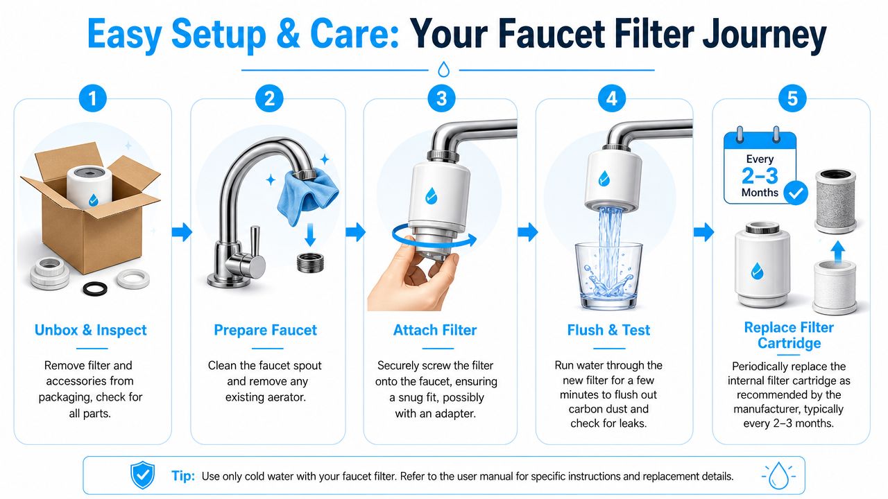 A step-by-step infographic illustrating the installation and maintenance process for a faucet-mounted water filtration system.
