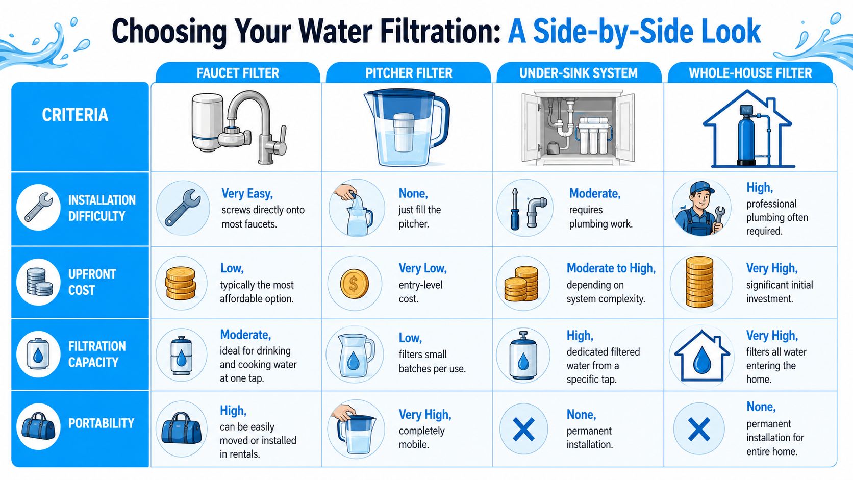 A comparison chart showing the differences between faucet, pitcher, under-sink, and whole-house water filtration systems.