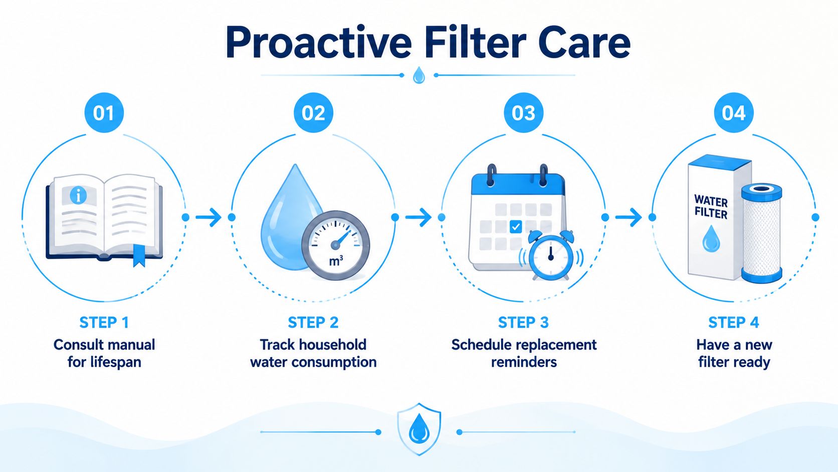 An infographic showing four steps for proactive water filter maintenance, including consulting manuals and tracking usage.