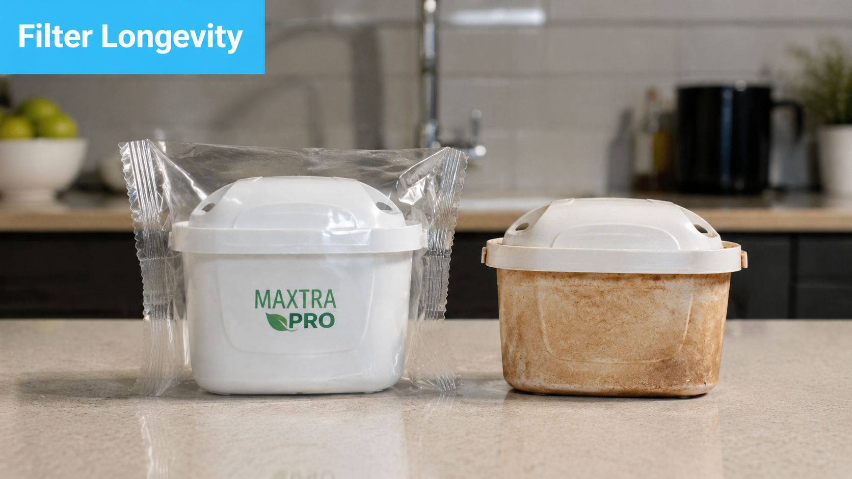 A new Maxtra Pro water filter in packaging next to a used, stained water filter on a counter.