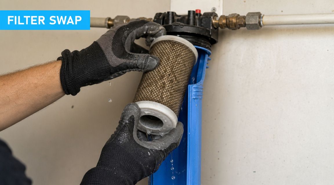 A person wearing protective gloves replacing a dirty, used water filter cartridge from a housing unit.