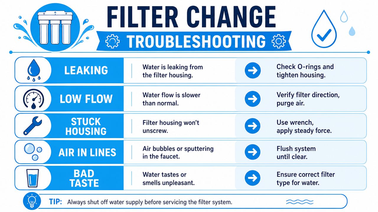 A troubleshooting guide for water filter systems illustrating common issues like leaks, low flow, and bad taste.