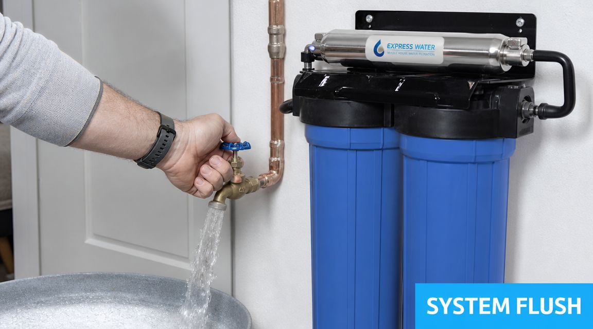 A person flushing a whole house water filtration system by running water through an installed brass faucet.