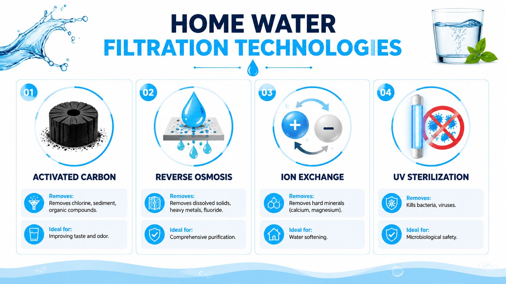An infographic showing four common home water filtration technologies including activated carbon, reverse osmosis, ion exchange, and UV sterilization.