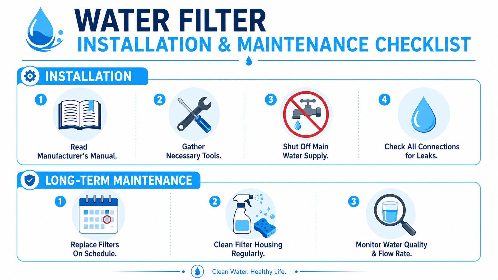 A step-by-step checklist infographic showing the installation and maintenance steps for a residential water filter system.