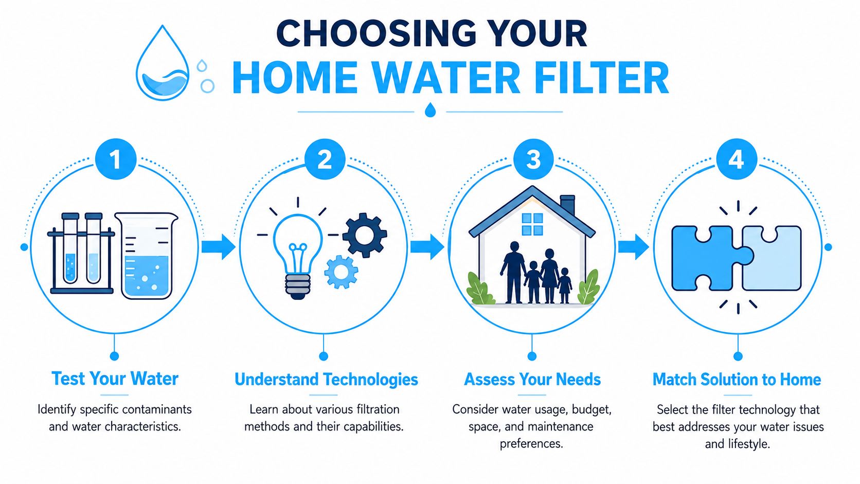 A four-step infographic illustrating the process of choosing the right home water filtration system for your needs.
