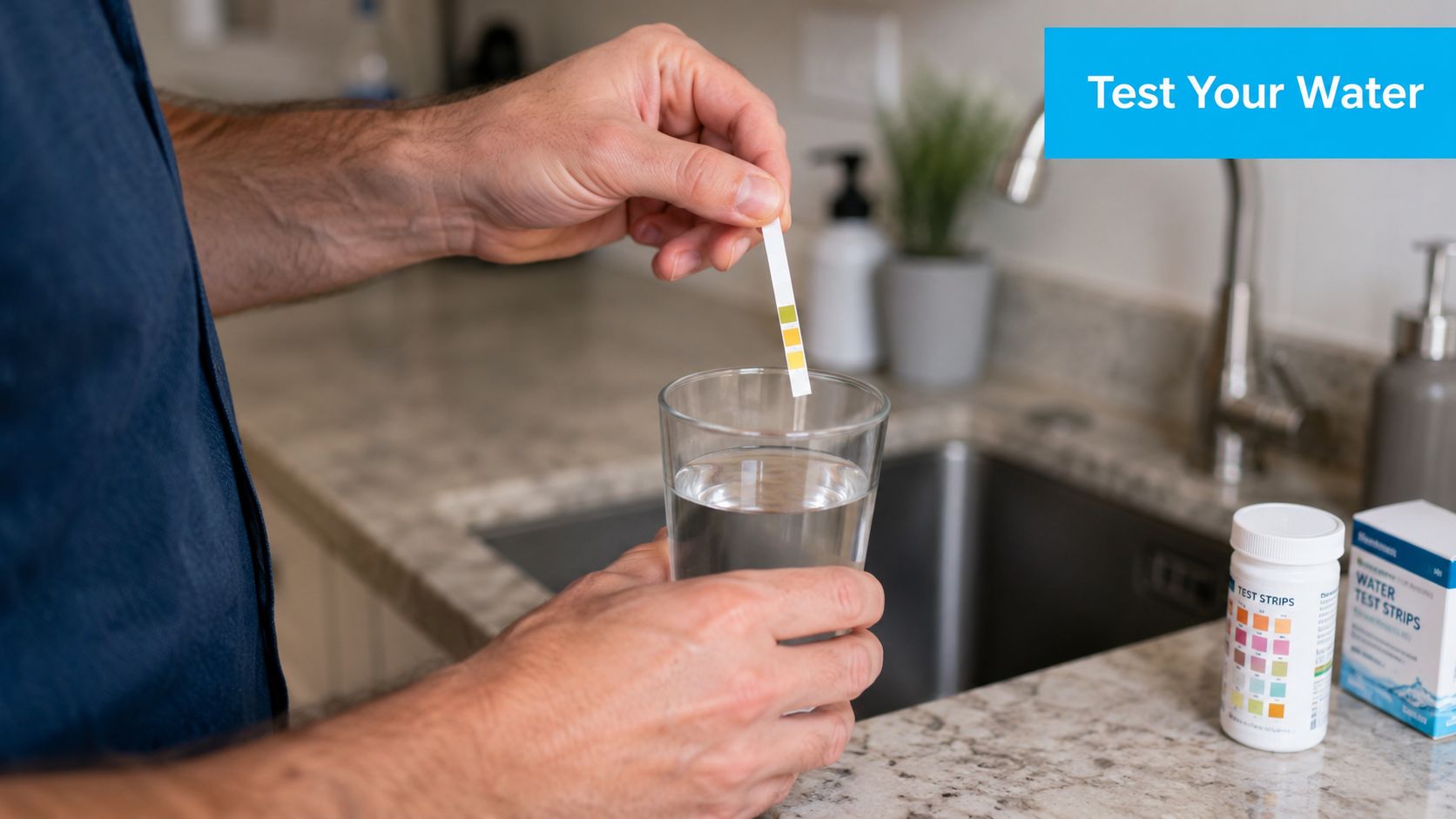A person holding a test strip over a glass of water to check water quality at home.