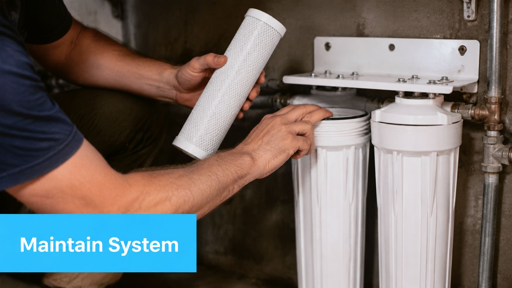 A technician performing routine maintenance on a water filtration system by replacing the sediment filter cartridge.