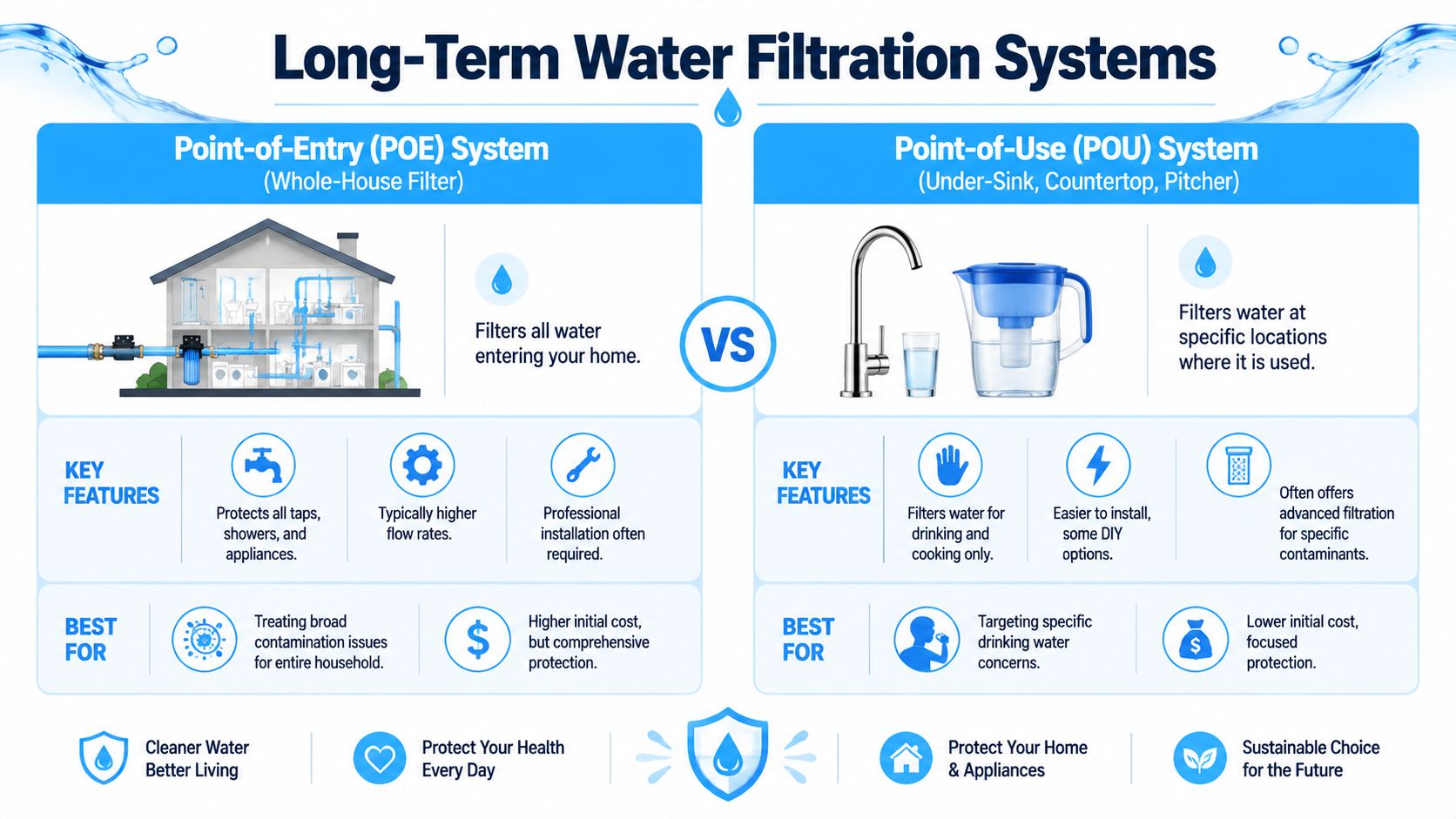 A comparison infographic between whole-house point-of-entry and point-of-use water filtration systems for residential use.