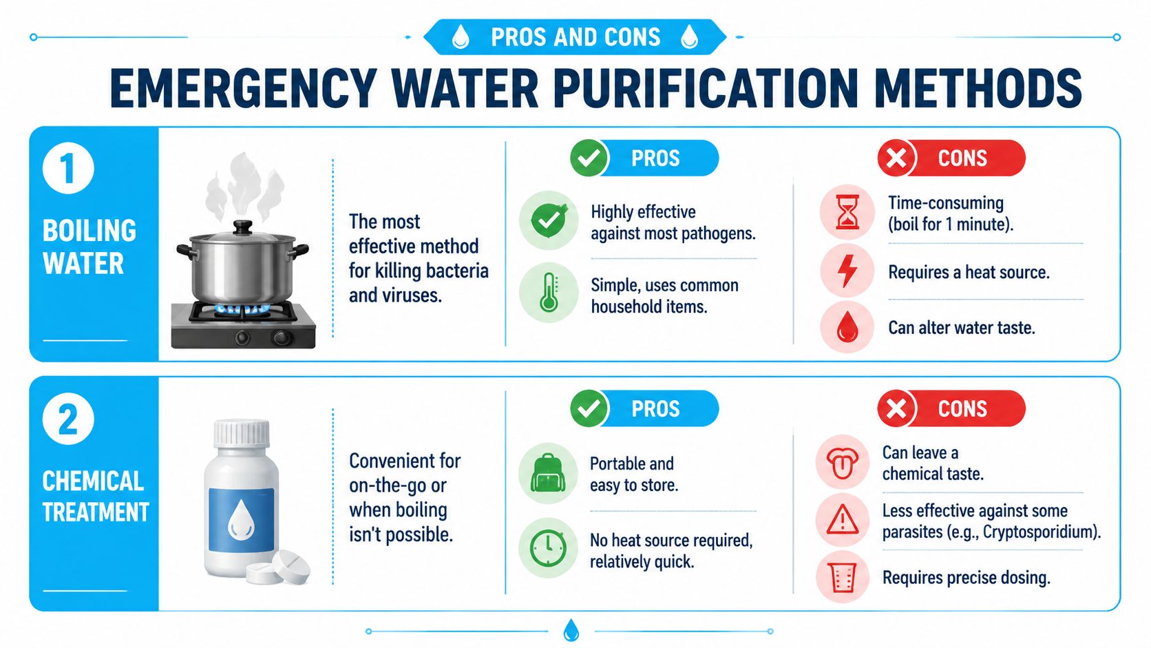An infographic showing pros and cons of boiling water and chemical treatment for emergency water purification.