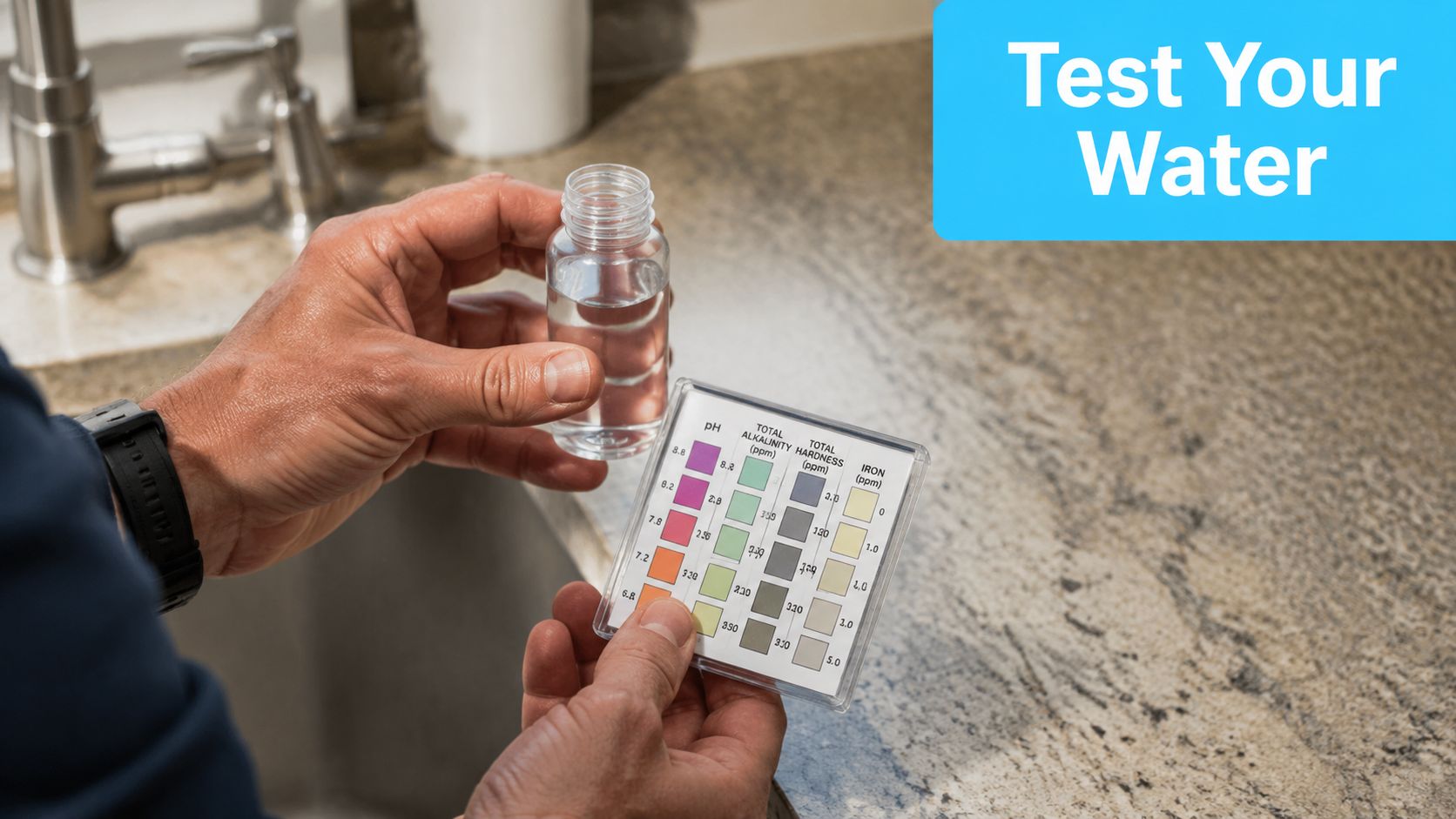 A person holding a small vial of water and a test kit chart to analyze quality.