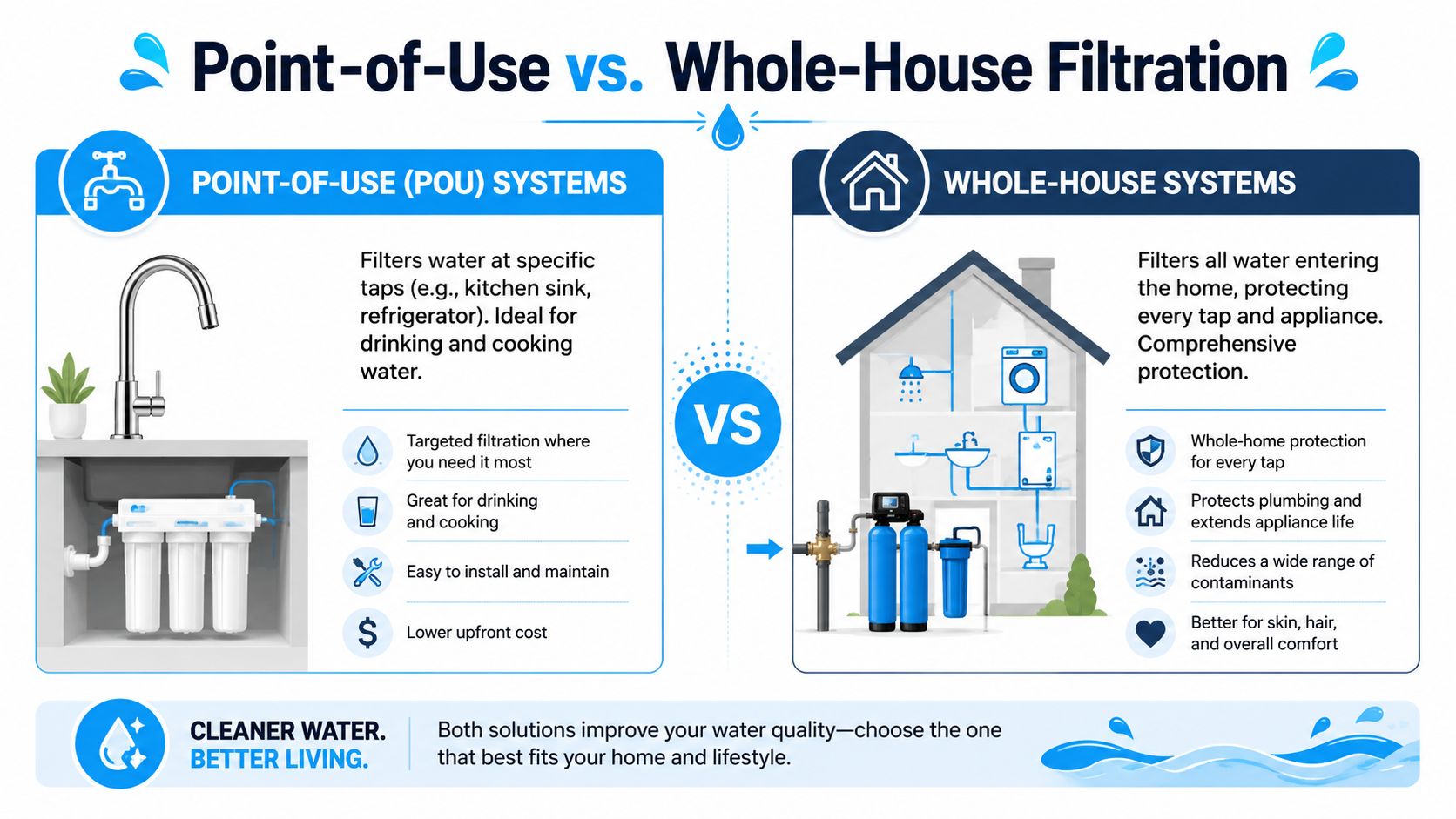 A comparison infographic between point-of-use and whole-house water filtration systems for residential water quality improvement.