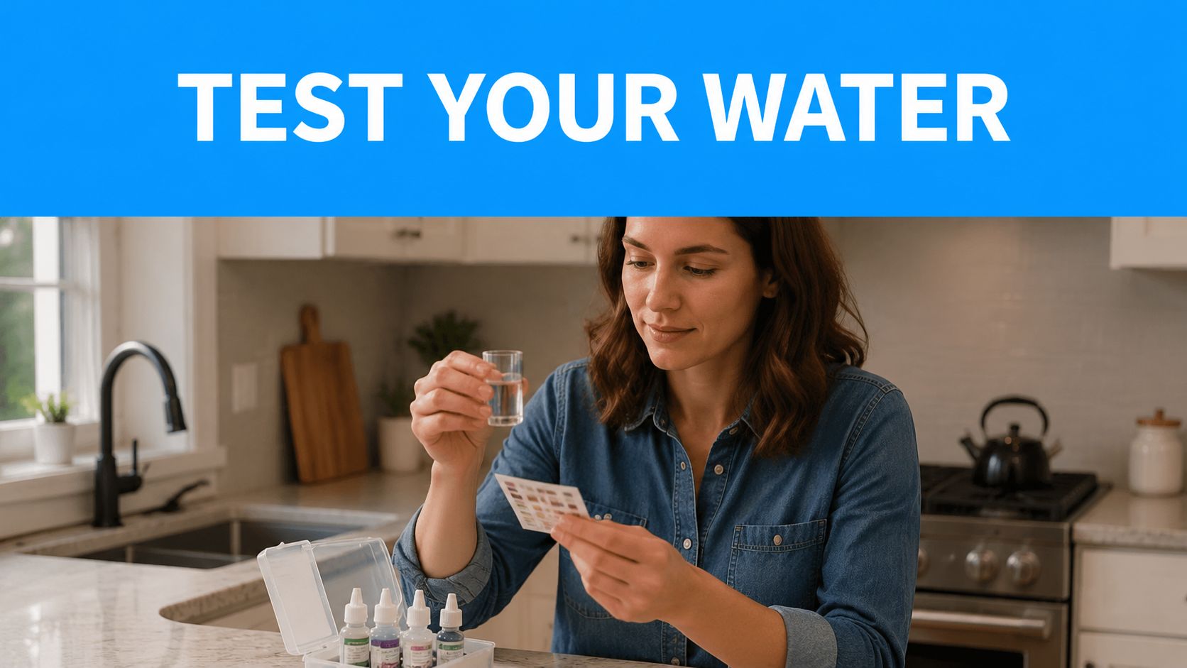 A woman testing water quality in her kitchen using a test kit and comparison color chart.