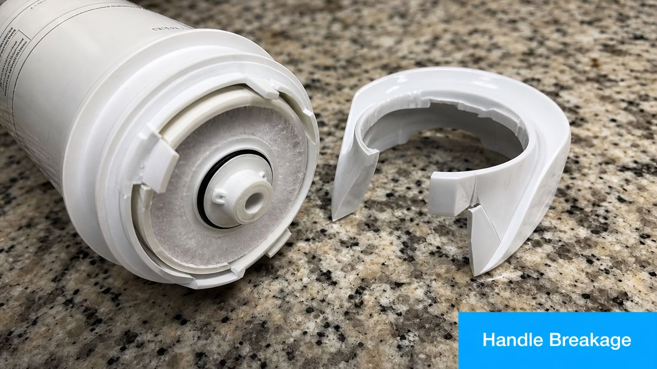 A broken white plastic handle detached from a refrigerator water filter cartridge lying on a granite countertop.