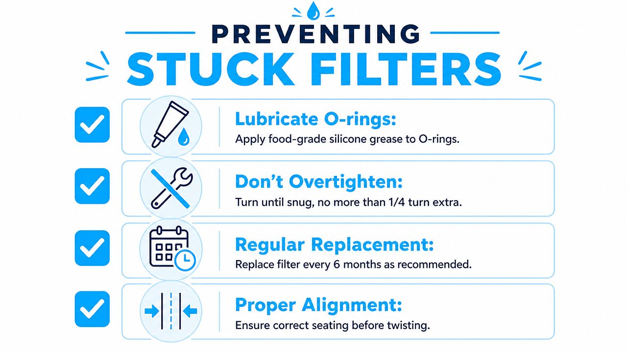A helpful infographic outlining four essential tips for preventing refrigerator water filters from becoming stuck.