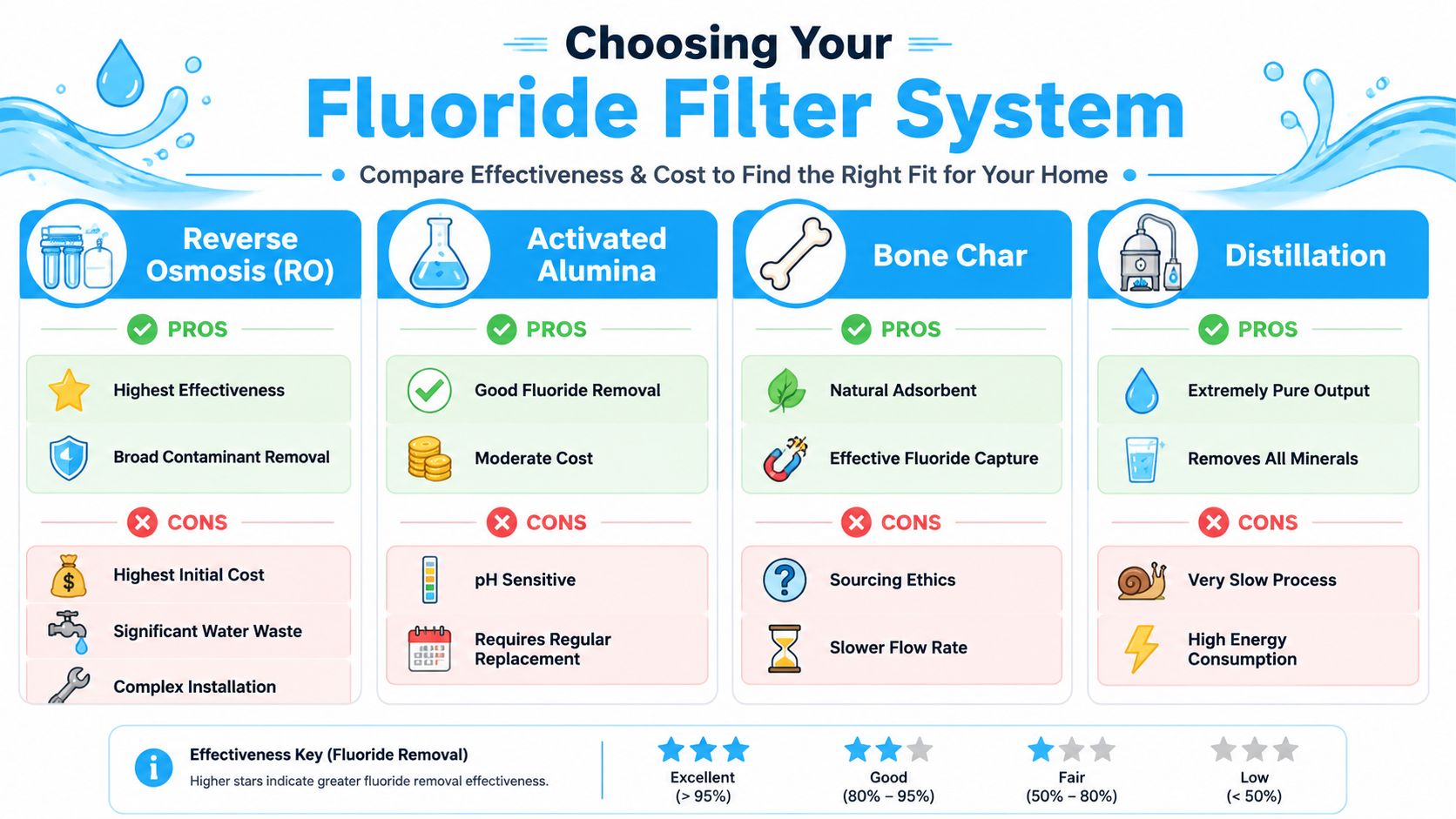 An infographic comparing four different home water filtration systems for effective fluoride removal and cost.
