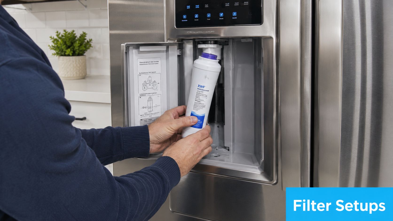 A person is installing a new XWF replacement water filter into a stainless steel refrigerator water dispenser unit.