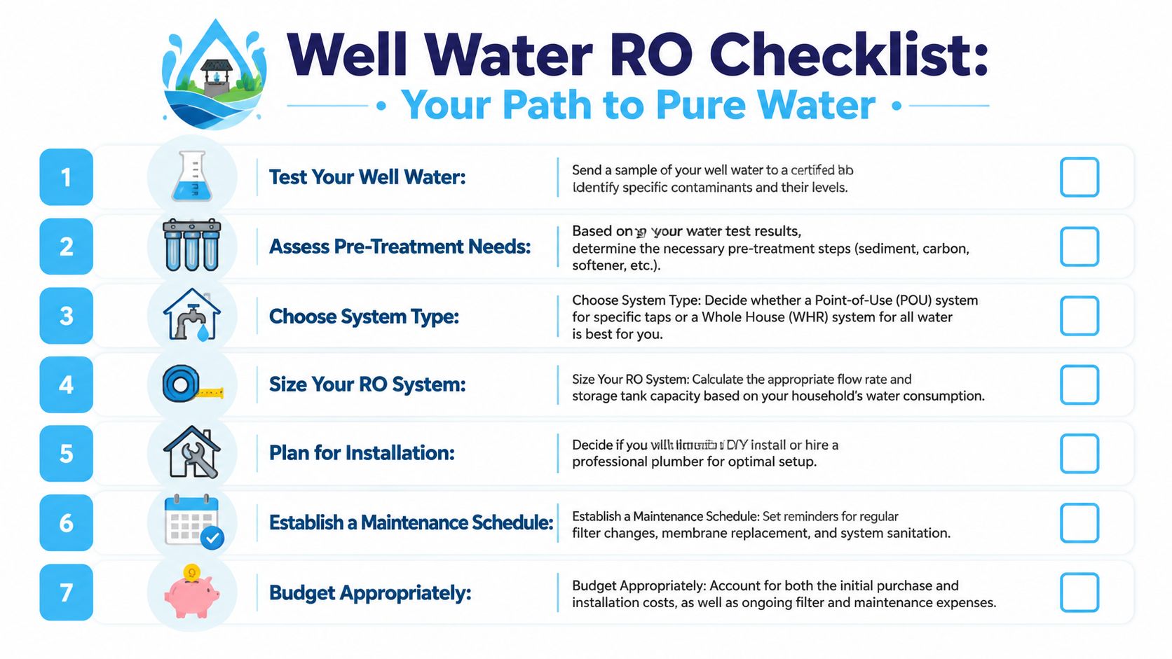 A 7-step checklist illustrating the process of installing a reverse osmosis system for well water usage.