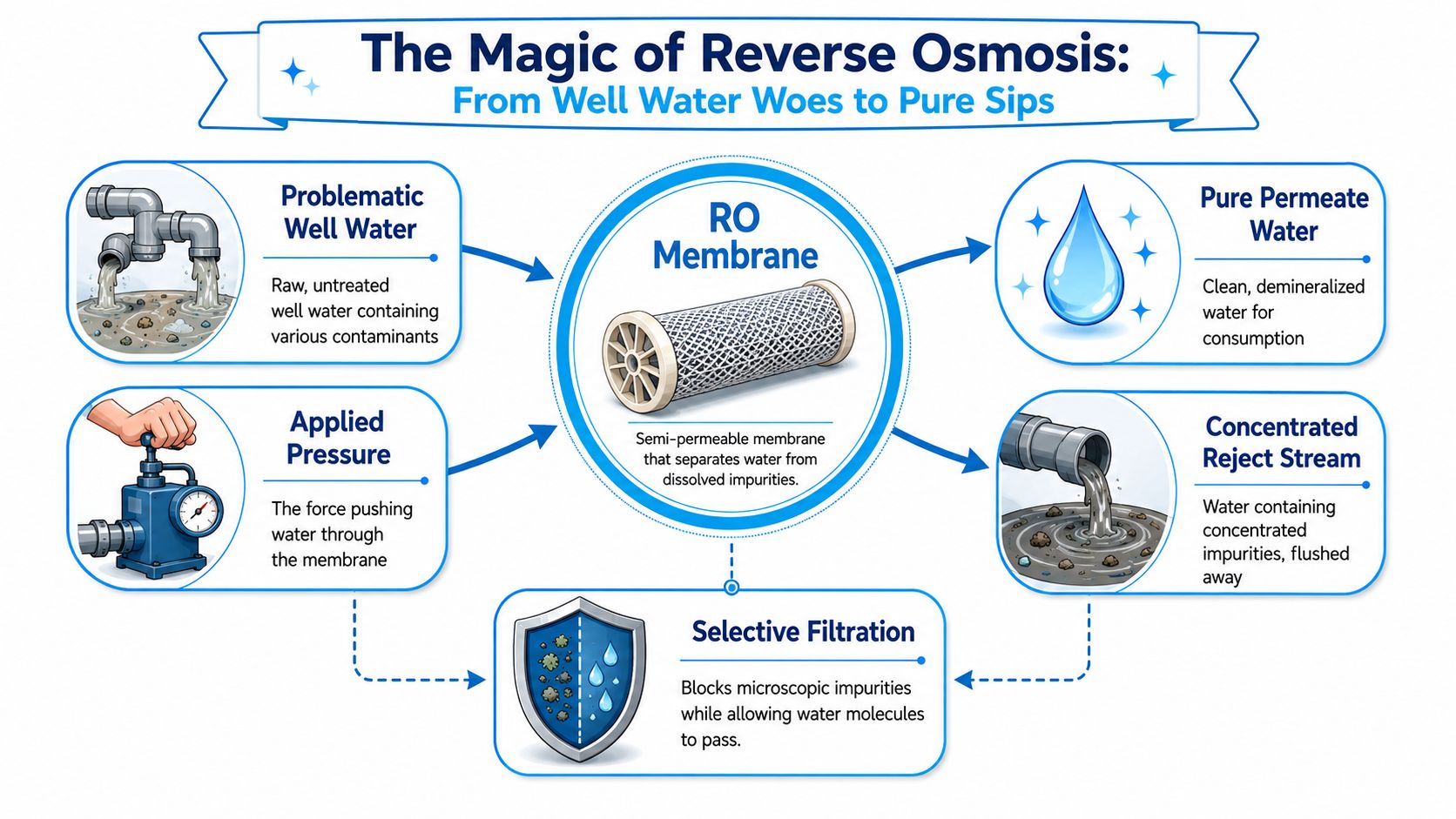 A diagram illustrating the reverse osmosis process, showing how well water is purified through a membrane filter.