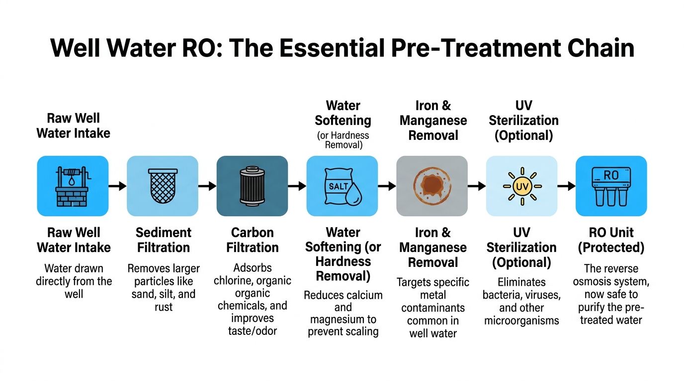 A diagram illustrating the step-by-step pre-treatment process for well water before entering a reverse osmosis system.
