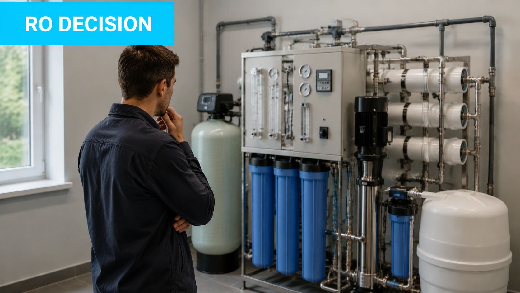 A technician stands in a utility room, thoughtfully examining a complex industrial reverse osmosis water filtration system.