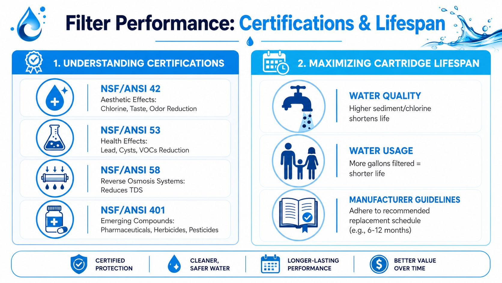 An infographic explaining water filter certifications, including NSF standards and tips for maximizing cartridge lifespan.
