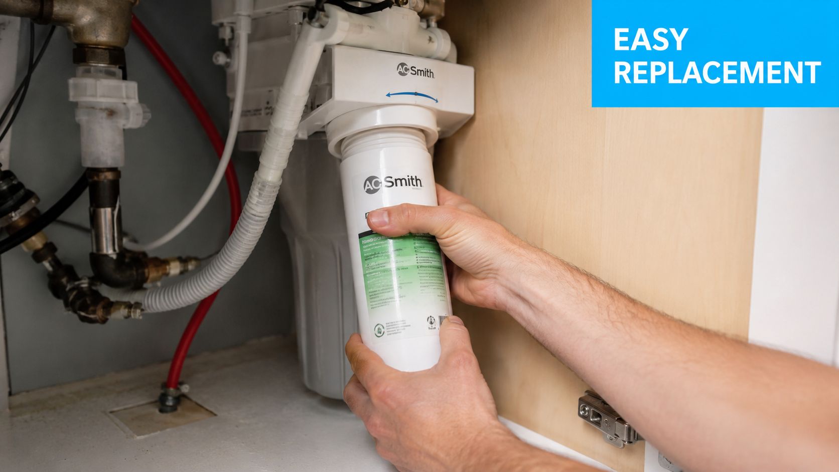 A person replaces an A. O. Smith brand under-sink water filter cartridge in a kitchen cabinet.