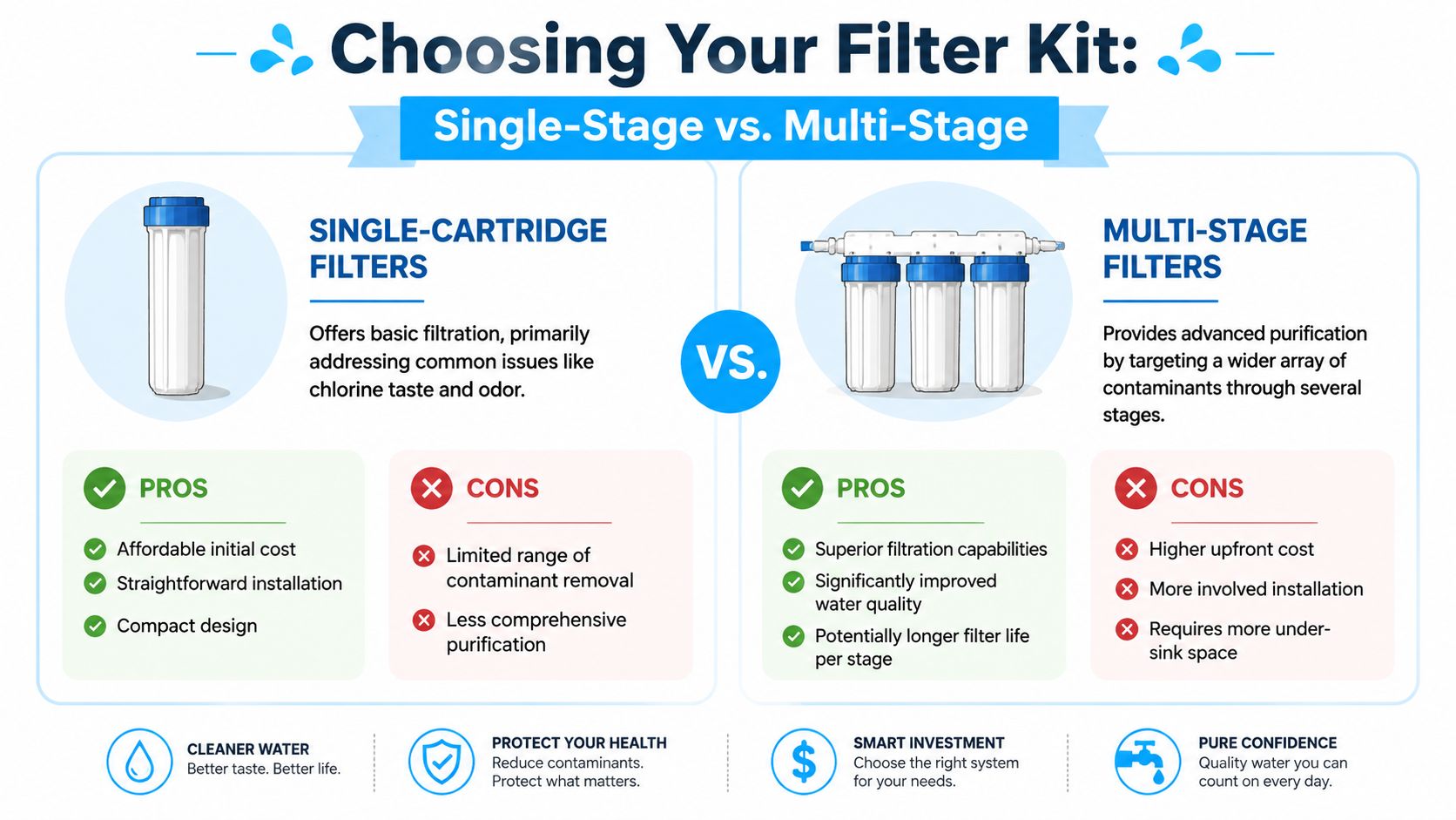 A comparison chart outlining the pros and cons of single-stage versus multi-stage under sink water filter kits.