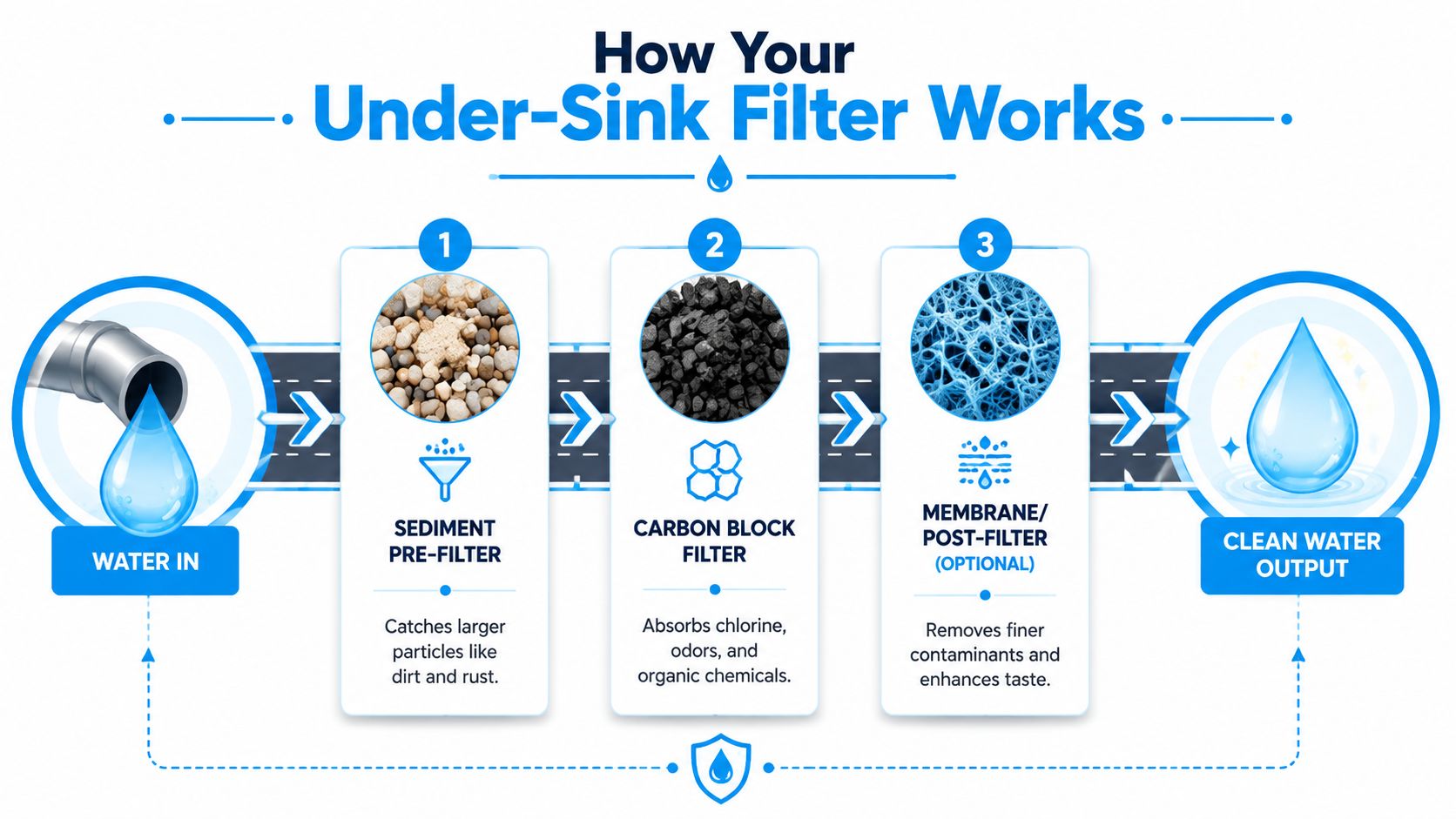 A diagram illustrating the three-stage filtration process of an under-sink water filter system from intake to output.