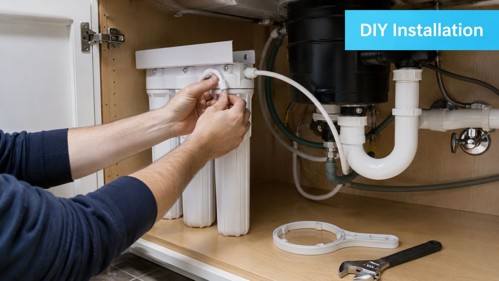 A person installing a multi-stage under sink water filter kit in a kitchen cabinet.
