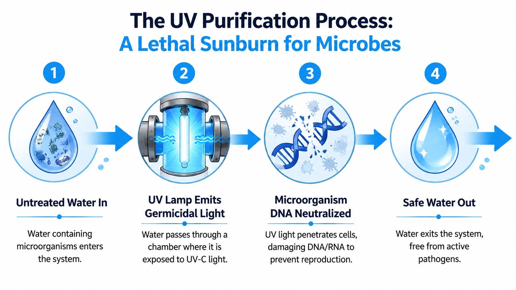 A diagram illustrating the four steps of a UV water purification system for removing active pathogens.