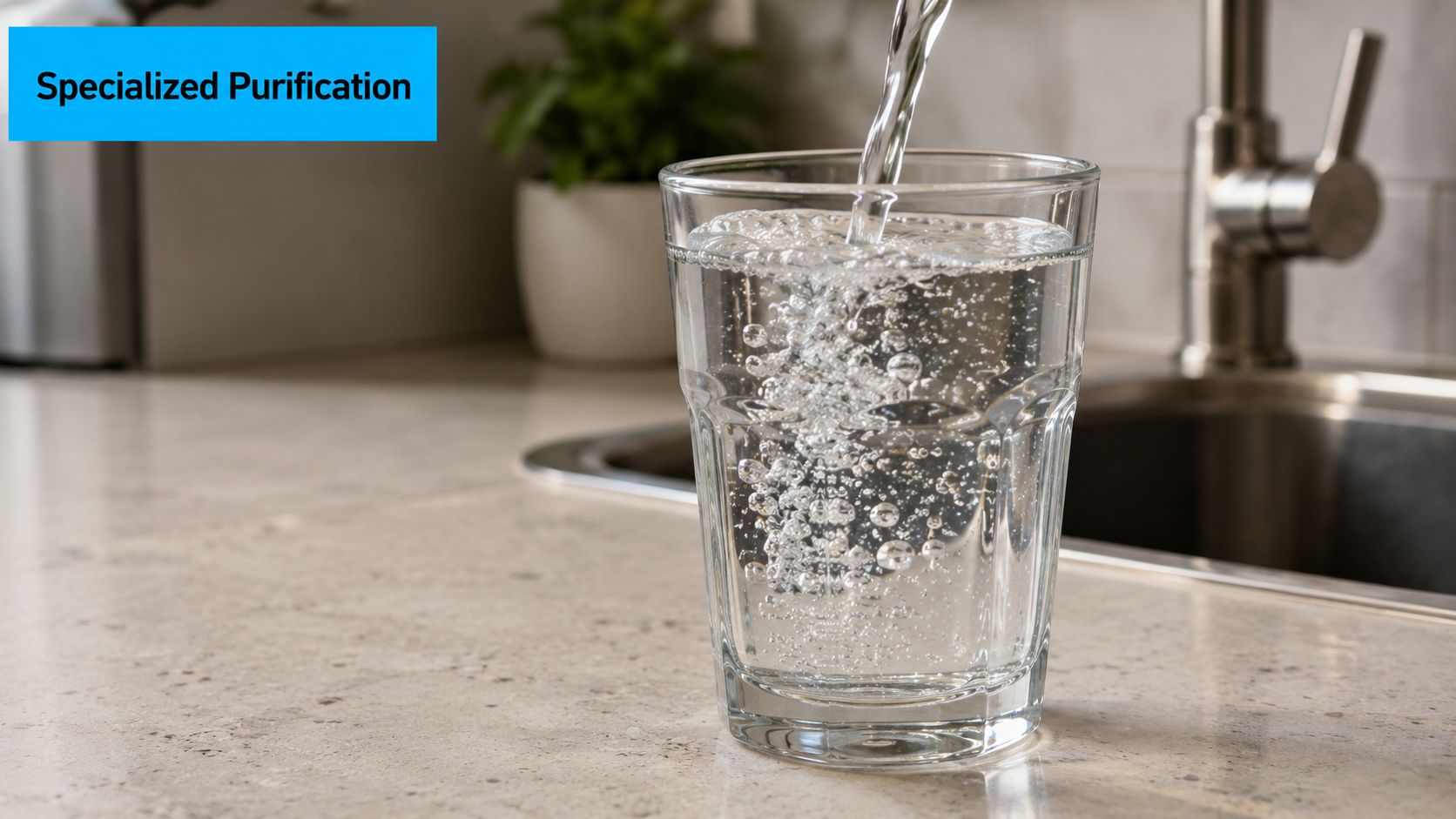 A glass being filled with clean water from a kitchen faucet, emphasizing purified drinking water.