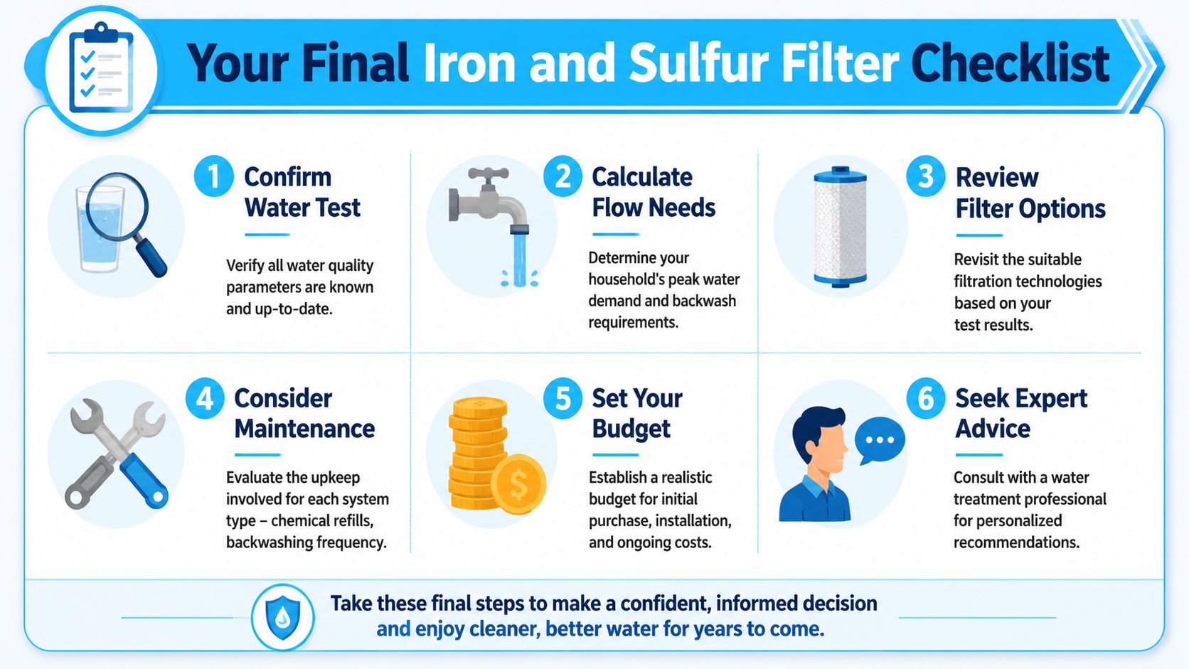 A six-step checklist graphic for selecting the right iron and sulfur water filtration system for your home.